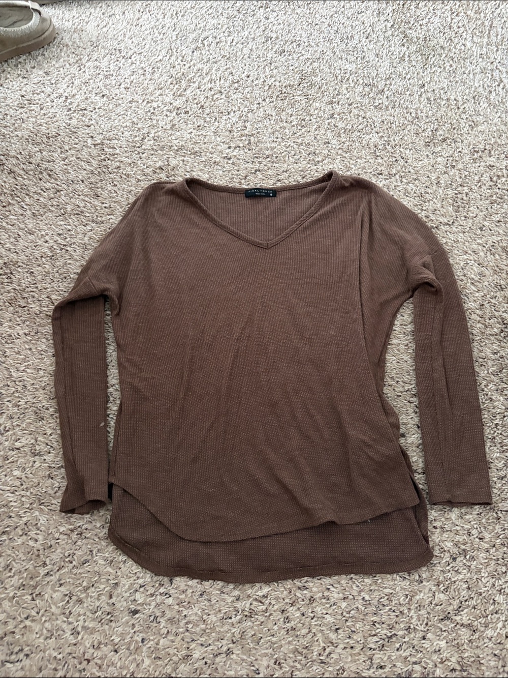 Final Touch Brown V-Neck Long Sleeve Ribbed Top